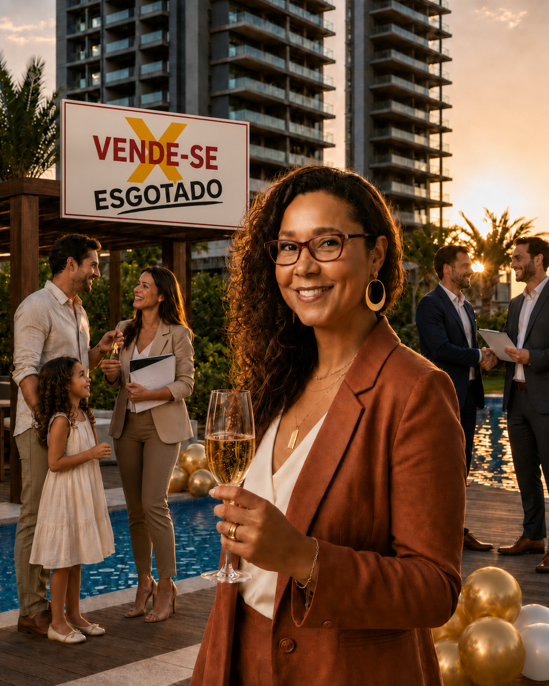 Empreendimento vendido com celebração de equipe, clientes e resultado comercial alcançado